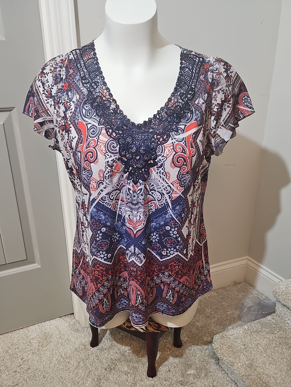 Apt. 9 Navy and Coral Crochet-Trim Paisley V-Neck Blouse